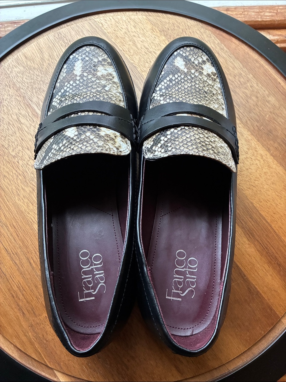 Franco Sarto Alora Black & Snake Print Penny Loafers Women’s Sz 10